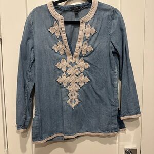 J. Crew Blue Denim Top with Cream Embroidery